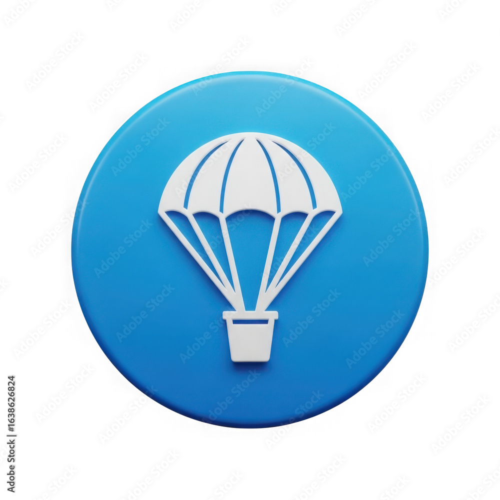 Obraz premium White parachute icon on a blue circle, isolated on transparent background