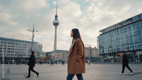 young woman walks on alexanderplatz in berlin with television tower in germany