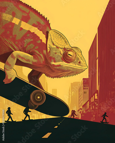 Giant chameleon rides skateboard, city street scene.