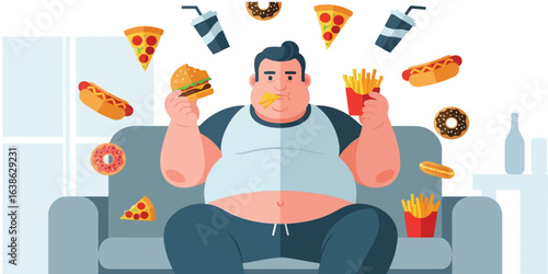 Diet, Loss Weight, Fat Man Illustrations Vector
