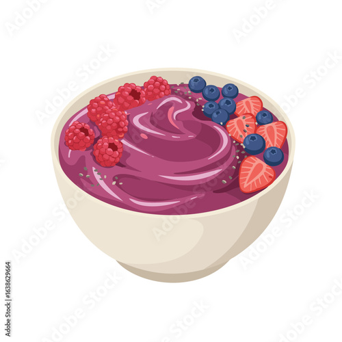 Vector illustration of bowl of acai smoothie on white background, healthy food