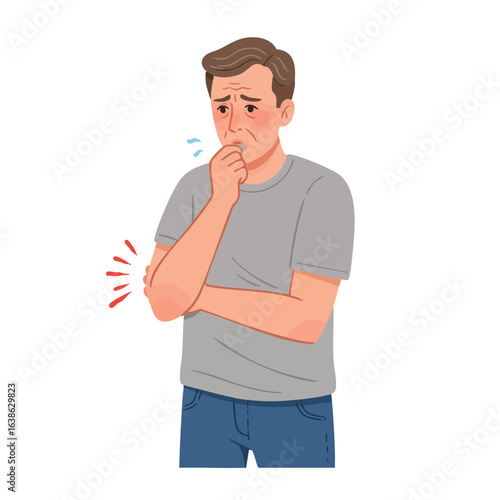 Vector illustration of man coughing in elbow on white background, health etiquette