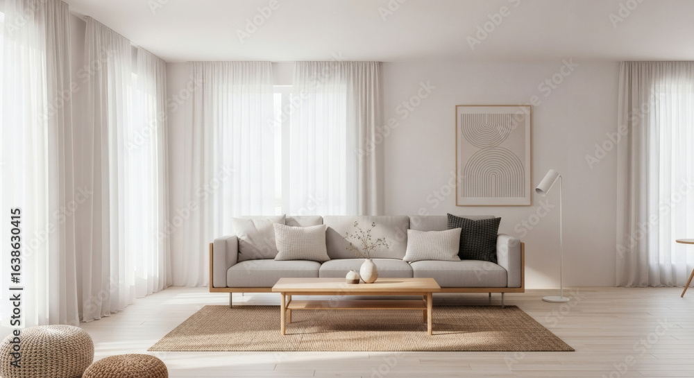 Fototapeta premium Minimalist modern living room interior, neutral colors, natural sunlight