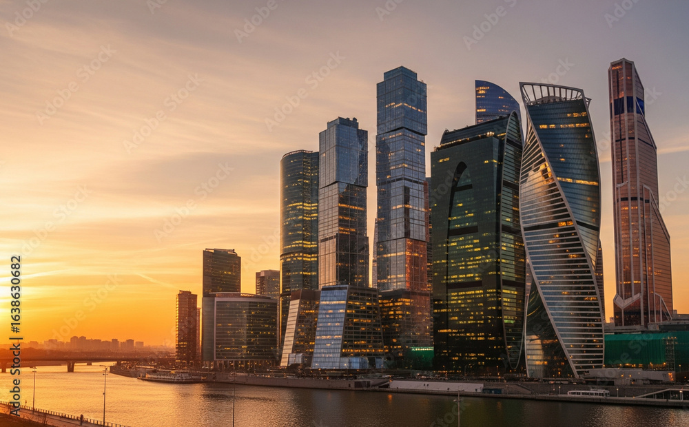 Fototapeta premium Golden Hour View Of Modern City Skyline With Glowing Buildings
