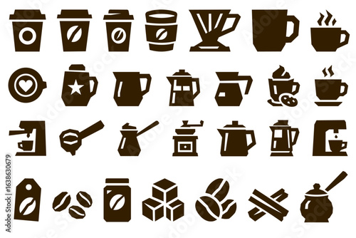 Coffee icon set with cups, mugs, espresso machine, beans and brewing tools in minimal flat style