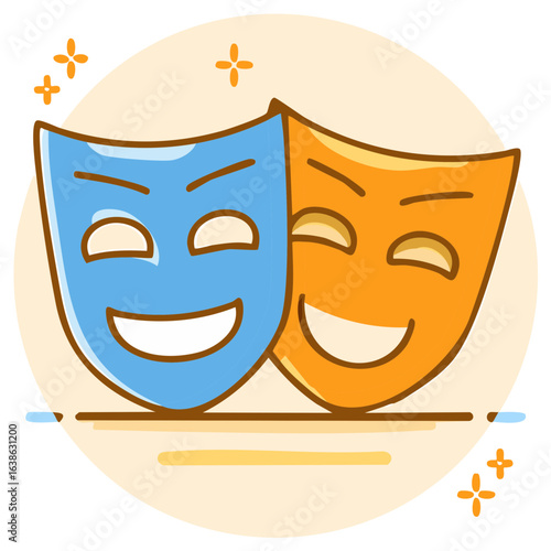 Two colorful happy theatrical masks representing comedy and joy in a fun cartoon style illustration