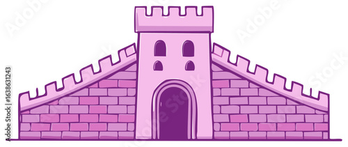 Cartoon Illustration of a Pink Stone Castle Entrance with a Gate and Walls Perfect for Game Design or Fantasy Illustrations