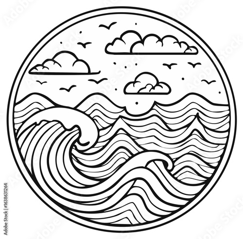 Circular line art illustration featuring ocean waves, clouds, and birds against a sky, conveying a sense of nature and peacefulness