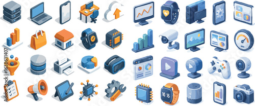A diverse collection of modern isometric icons representing technology, business, and digital life concepts.