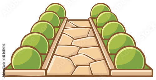 Cartoon Stone Path Through Garden of Rounded Bushes, Outdoor Landscape Design