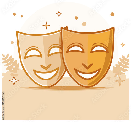 Two cheerful drama masks representing theatre, comedies and artistic expressions with decorative leaf elements.