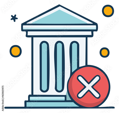 Illustration of a building with columns and a red cross symbol indicating closure or rejection