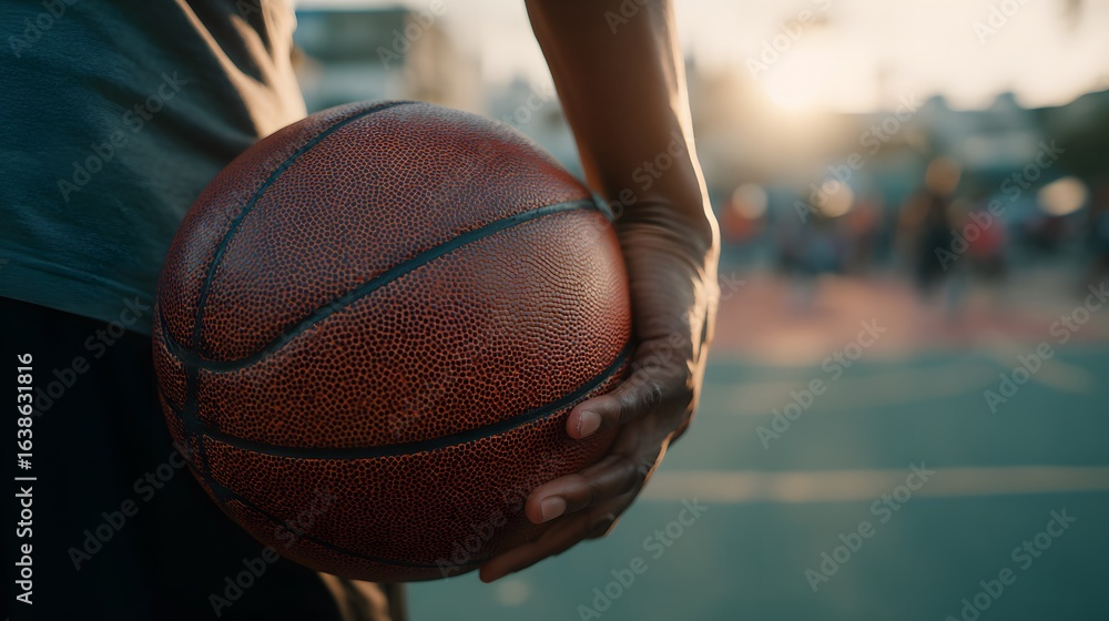 Naklejka premium A close-up view capturing a basketball being held by a person outdoors, bathed in the glow of sunset, and other indistinct people are visible.