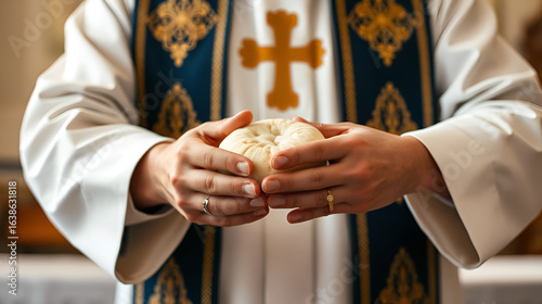 Hands of Reverend or Priest Giving Communion Bread