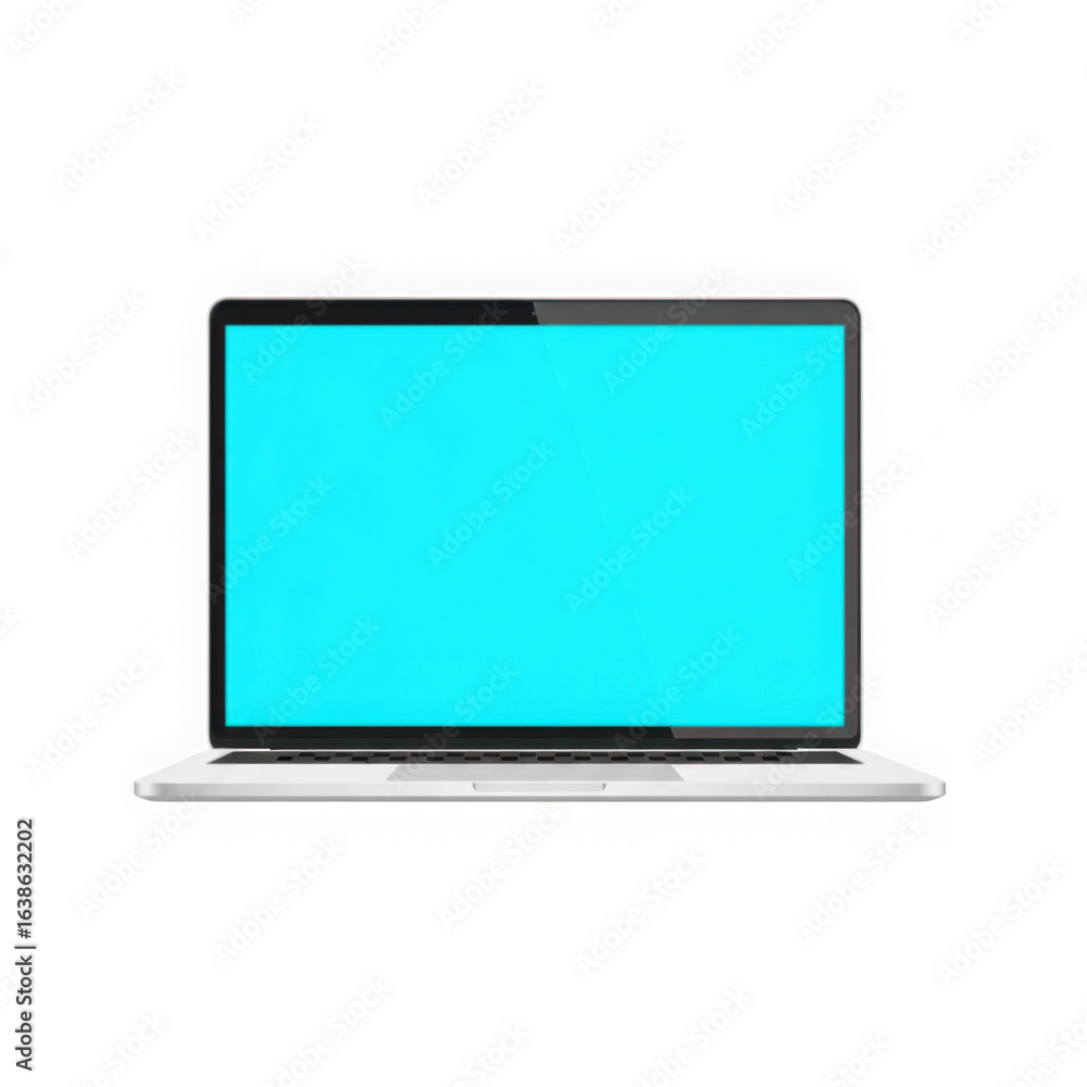 Modern laptop with bright cyan screen isolated on transparent background Modern laptop with bright cyan screen isolated on transparent background
