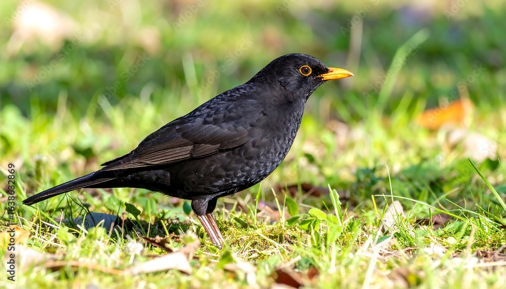 Fototapeta premium Close-up of a blackbird foraging in grass.