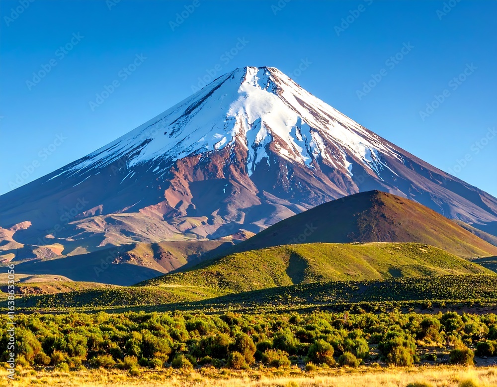 Obraz premium Snow-capped mountain peak above a landscape of rolling hills and greenery.