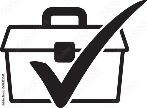 Effective solution toolkit symbol, task completed icon, project success, vector checklist graphic, approved design, perfect quality, toolbox checkmark