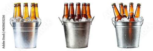 Three buckets of beer with ice in them