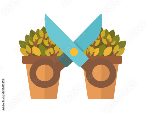 A conceptual illustration of garden shears trimming two houseplants, representing the hobby of pruning for healthy growth and plant maintenance.