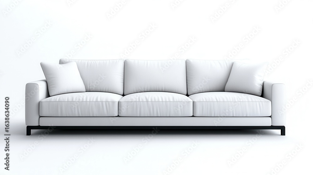 Fototapeta premium Modern White Sofa With Plush Cushions Isolated on White Background