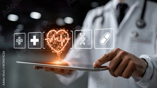 Doctor using tablet with holographic icons of diagnostics and advanced medical care Generated with AI