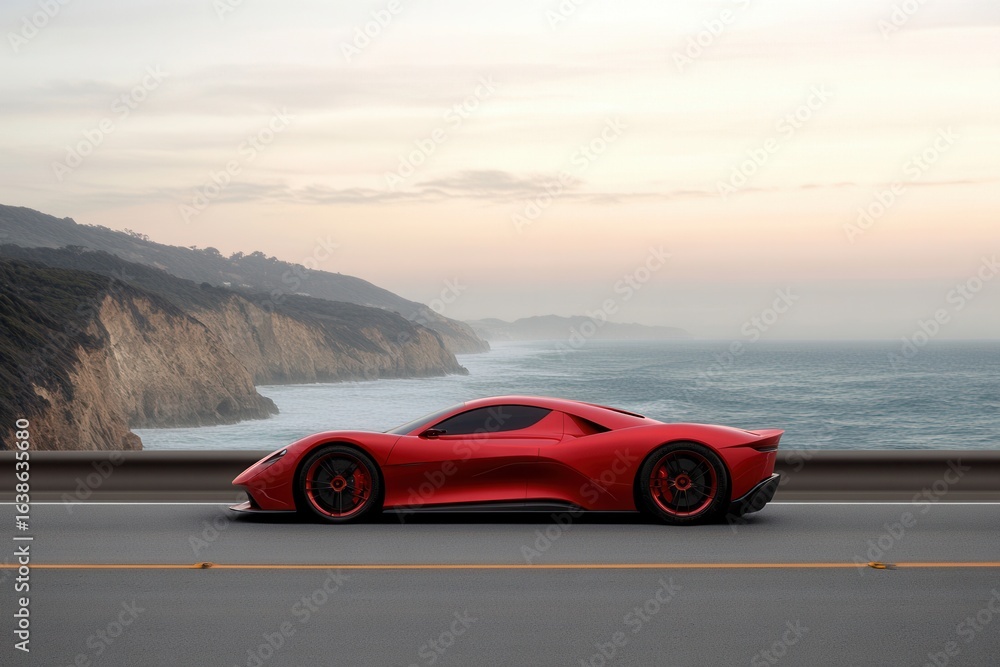 Fototapeta premium Red Sports Car Cruises Along Scenic Coastal Highway on a Sunny Day