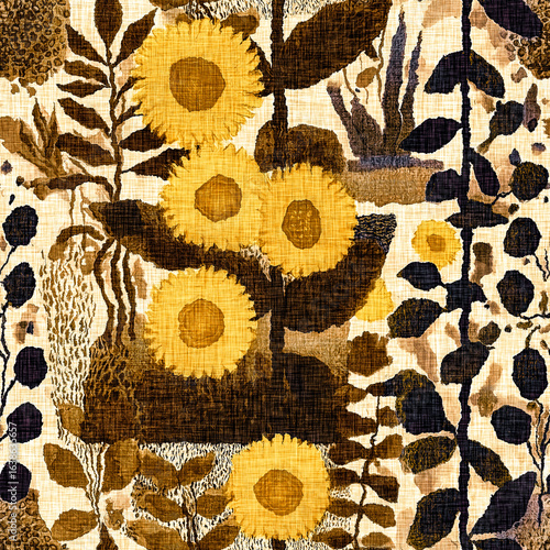 Stylised autumn winter brown floral watercolor seamless pattern. Rustic cottage style mottled blur effect fabric texture design. For fall botanical all over print. 
