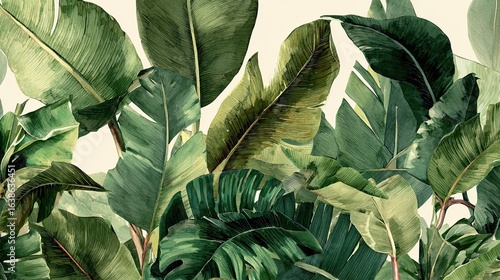 Botanical luxe featuring large tropical leaves and palm prints.
