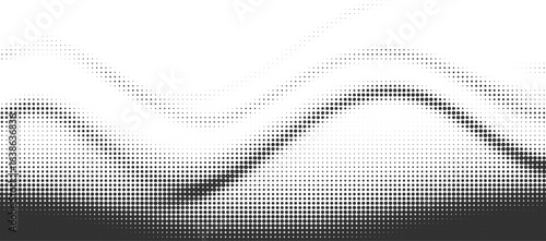 Wavy abstract halftone background banner. Modern monochrome dot pattern with a smooth gradient flow creating a digital ripple effect for a futuristic website header