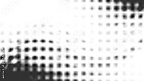 Wavy abstract halftone background banner. Modern monochrome dot pattern with a smooth gradient flow creating a digital ripple effect for a futuristic website header