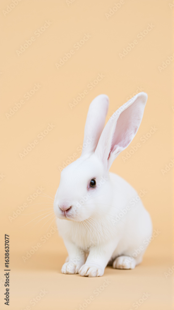 Obraz premium Cute white bunny on isolated peach background colors