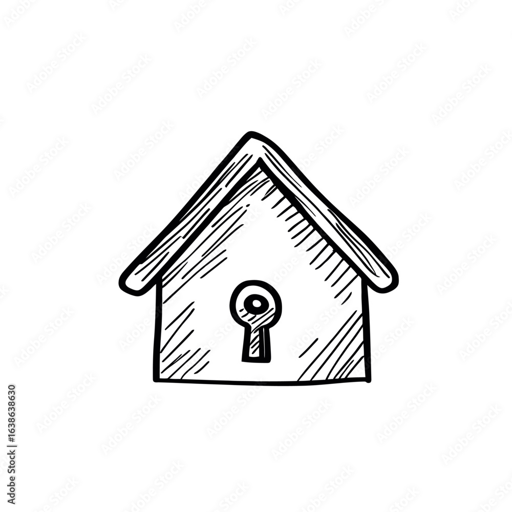 The image of a house with its front door depicted as a keyhole embodies the concepts of home and security in the context of a store that specializes in home items The image of a house with its front door depicted as a keyhole embodies the concepts of home and security in the context of a store that specializes in home items