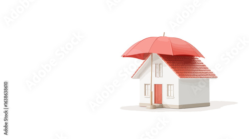 Under a bright white backdrop, a small house is safely nestled beneath a full umbrella, symbolizing protection and security