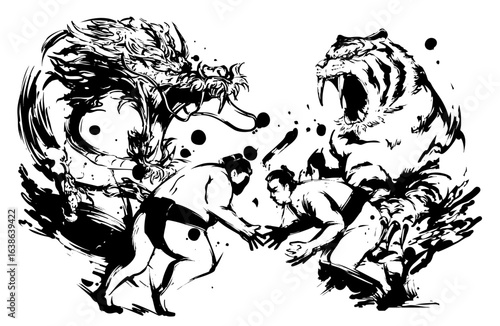 Sumo Warriors with Dragon and Tiger – Japanese Ink Art