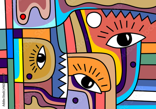cubism abstract portrait featuring a stylized face with one large expressive eye