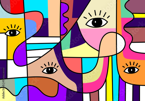 cubism abstract portrait featuring a stylized face with one large expressive eye
