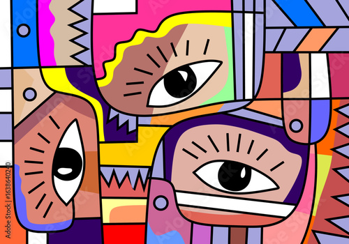 cubism abstract portrait featuring a stylized face with one large expressive eye