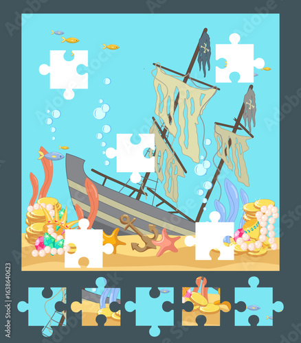 Find the correct piece of puzzle. Sunken pirate ship on the seabed with treasure, anchor, fish, seaweed, starfish. Cartoon vector illustration. Cut and glue activity. 
