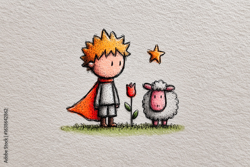 Little prince standing with sheep and rose under a star