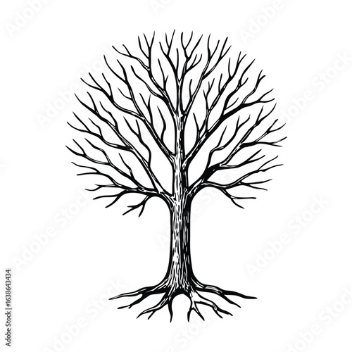 Detailed hand drawn black and white illustration of a bare tree with intricate branches and visible roots
