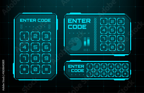 Digital keypad panels with number buttons for user identification. User interface element for abstract cyber security and access control.