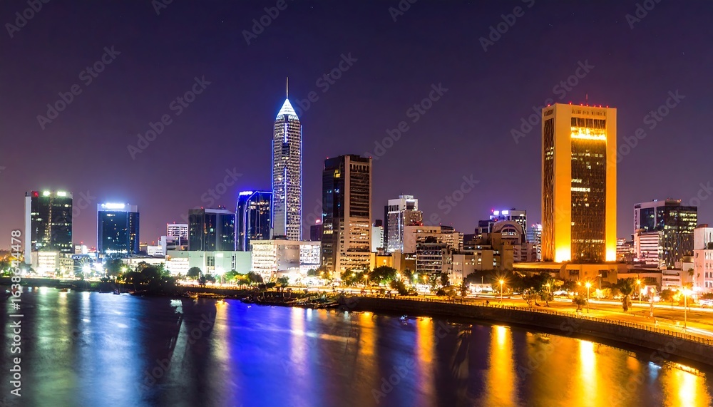 Fototapeta premium City skyline at night with illuminated buildings reflecting in the water.