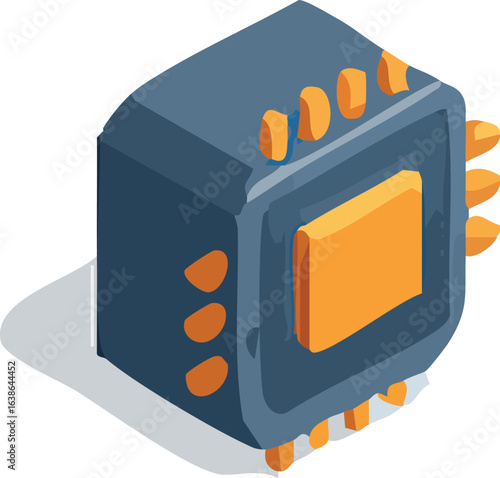 An isometric illustration of a blue and orange computer microprocessor chip, representing technology and hardware.