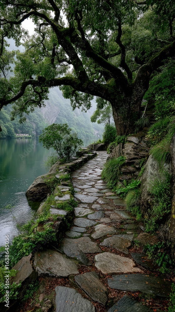 Naklejka premium A weathered stone path winds beside a misty lake, shaded by a large tree
