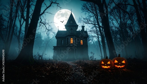 Haunted house in spooky forest at night