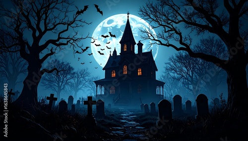 Haunted house under a full moon