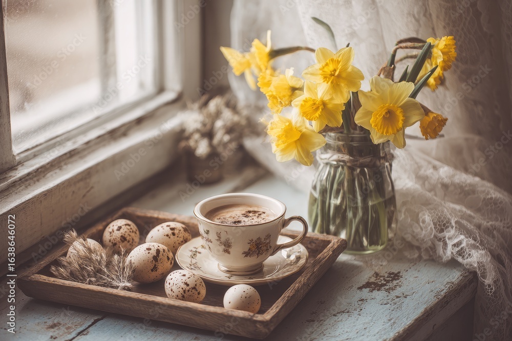 custom made wallpaper toronto digitalSpringtime window scene with coffee and flowers