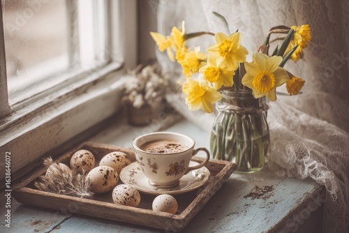 Wallpaper Mural Springtime window scene with coffee and flowers Torontodigital.ca