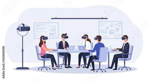 Business professionals in a virtual reality meeting, collaborating with VR headsets and laptops.